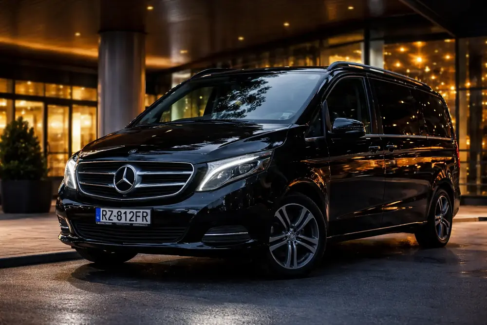 Mercedes V-Klasa przed terminalem lotniska
